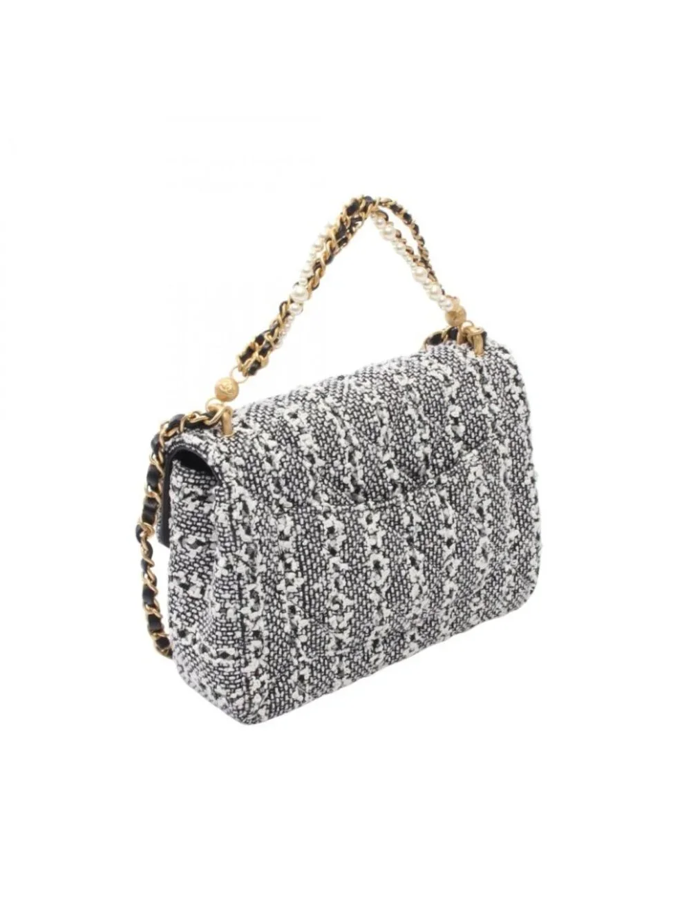 Chanel Shoulder Bag Quilted Faux Pearl White Black Fabric Leather Small Flap